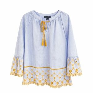 Primark Blue White Stripe Embroidered Tassel Tie Neck Tunic Top Women Size 8